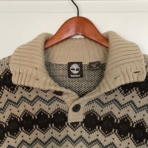 Timberland Sweater Henley 1/4 Button Fair Isle Knit Cotton Fisherman Rugged XL